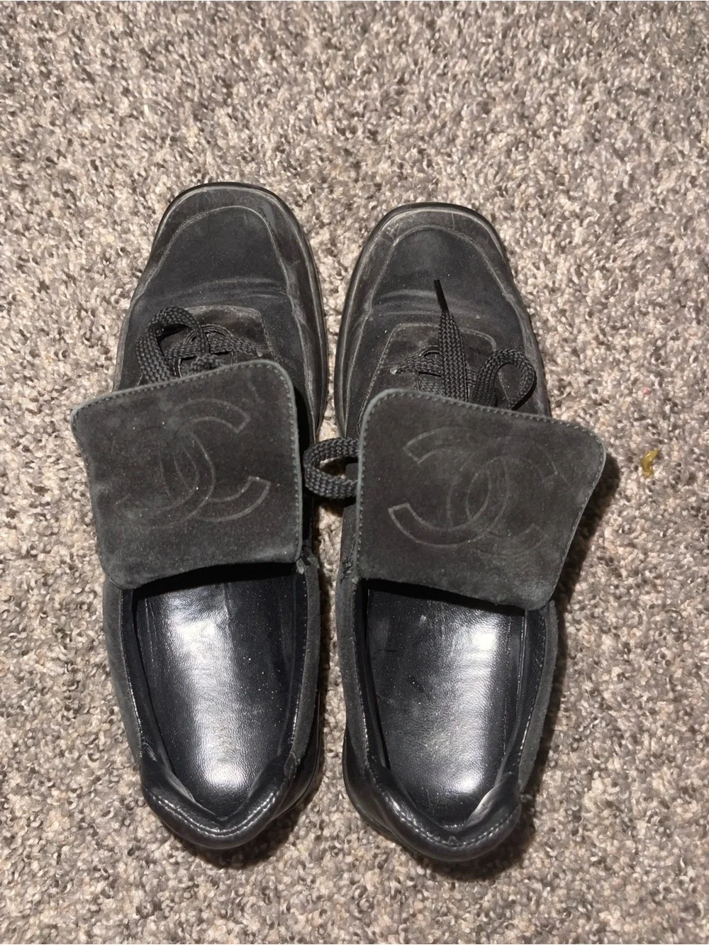 CHANEL Men’s Black Suede CC Logo Lace-Up Sneakers